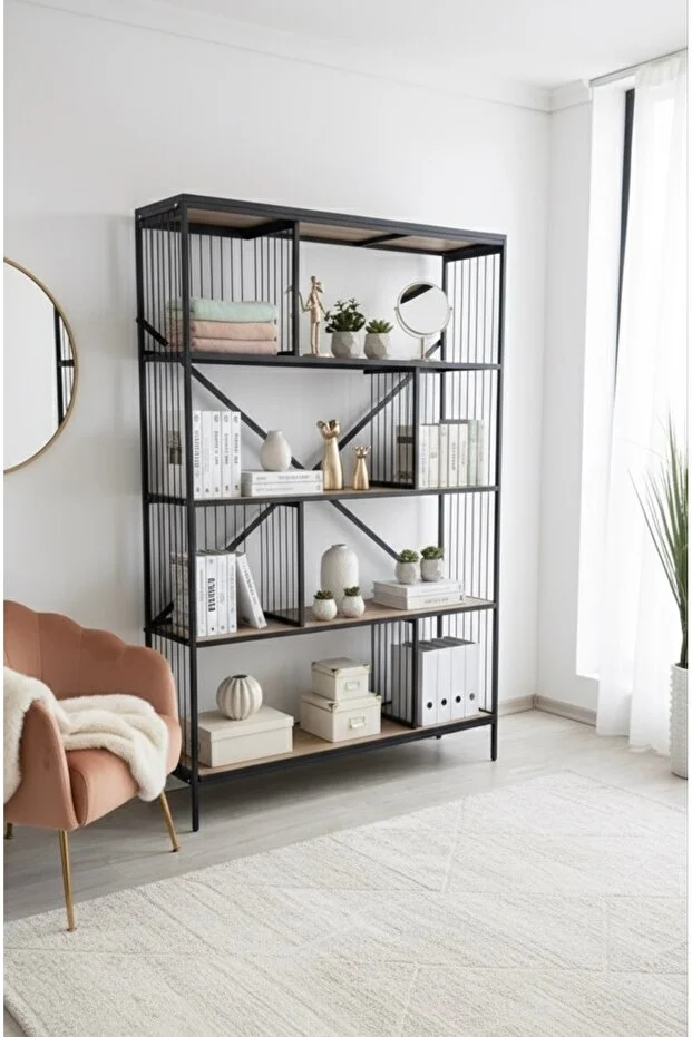 Dekoratif Lüx 5 Raflı Kitaplık Geniş Metal Kitaplık Dosya Rafı Ofis Salon Raf Ceviz